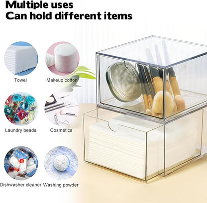 Rainmae 2 Pack Disposable Face Towel Holder, Face Towel Storage Box, Stackable Clear Makeup Organizer with Drawer for Clean Skin Club Face XL Towels Holder for Vanity Bathroom and Makeup Organization