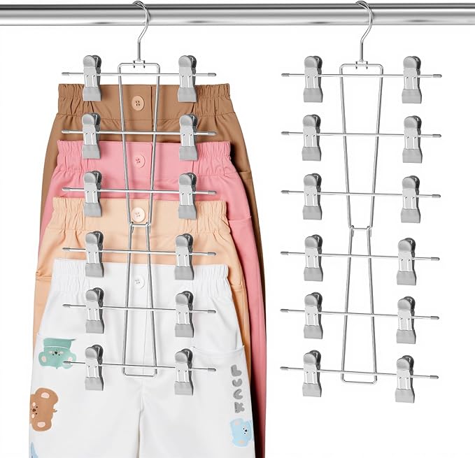 DOIOWN 6-Tier Baby Hangers with Clips - Space Saving Kids Pants Hangers for Babies & Kids Pant,Clothe,Adjustable Toddler Clothes Hanger for Newborn Children Closet Organization Gray 2Pack