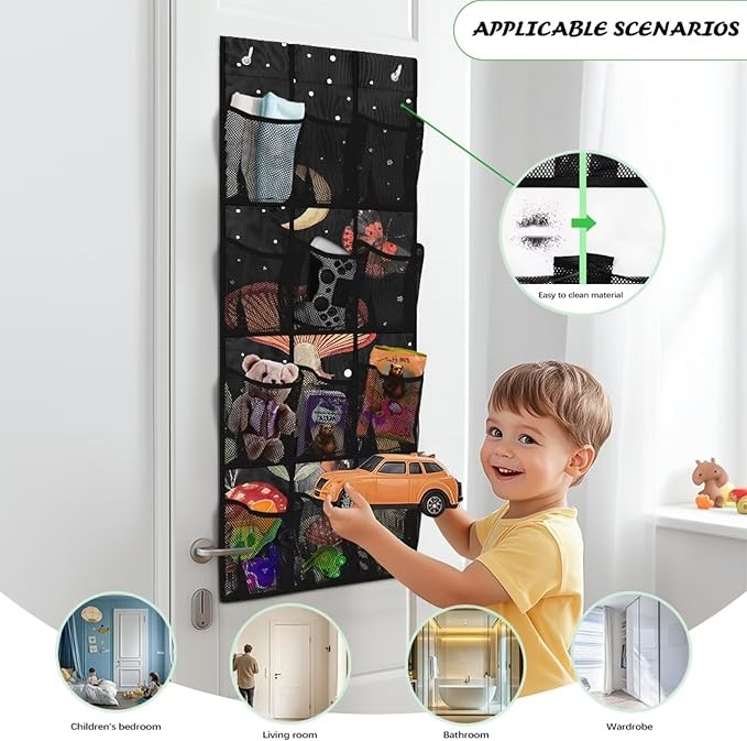 Mushrooms Over the Door Organizer with 12 Mesh Pockets - Breathable Design for Bath Towels, Toiletries, Makeup (Waterproof Lining)