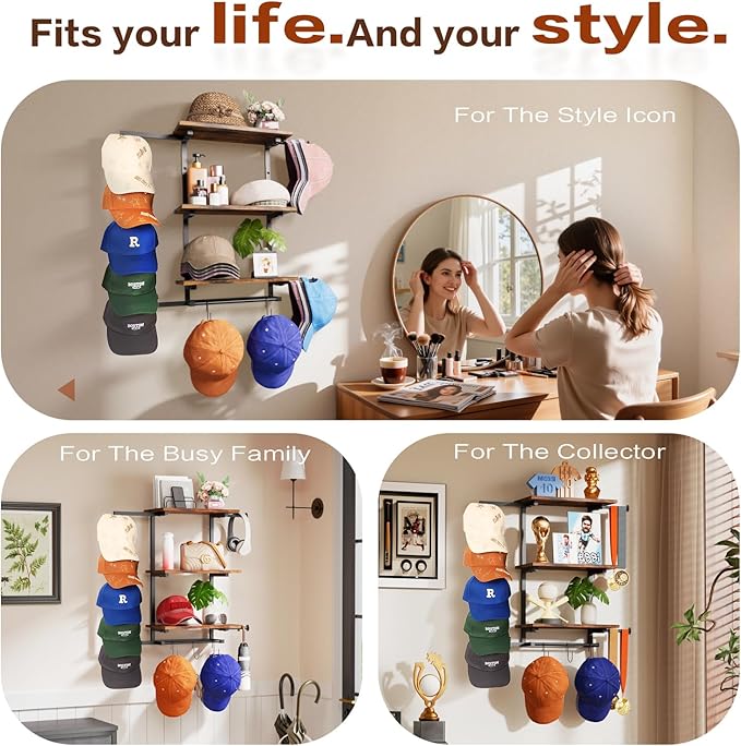 Keebofly Hat Rack for Wall with Shelf for Handbags, Purse,Bennies, Perfumes & Cosmetics Display, Hat Holder Storage for 100+ Caps, Baseball Cap Organizer & Beanie Holder for Closet, Entryway, Bedroom
