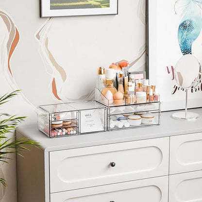 Yieach Acrylic Make up Organizers for Counter,Desk and Vanity,3 Pack Stackable Bathroom Counter Organizer with Drawers,Large Clear Makeup Organizers and Storage for Skincare,Cosmetic,Beauty Products
