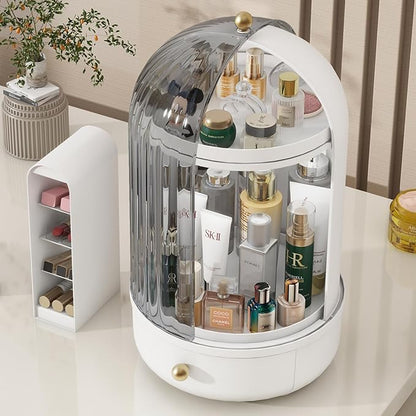 Skincare Organizers with Lids, 360 Rotating Makeup Storage Organizer with Lipstick Holder,Cosmetics Skincare Organizers with Lid and Drawer Cosmetic Display Cases for Countertop (Black)