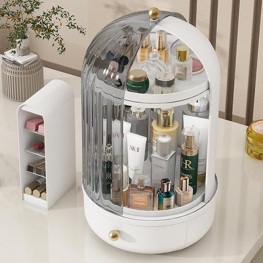 Skincare Organizers with Lids, 360 Rotating Makeup Storage Organizer with Lipstick Holder,Cosmetics Skincare Organizers with Lid and Drawer Cosmetic Display Cases for Countertop (Black)