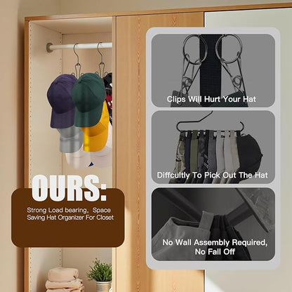 Hat Hanger 2pcs Metal Hat Storage For Baseball Caps,Rotatable Hat Organizer For Closet,Hat Rack With 6 Hooks Up to 30 Caps Hold,Black