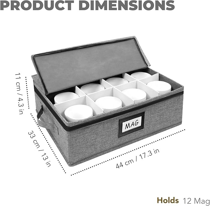 HURZMORO Mug Storage Box with 12 Compartments, Gray Hard Shell Container, Padded Dividers, Dual Handles, Zipper Lid for Coffee Cup Organization and Moving (1, Coffee Cup Storage Box)