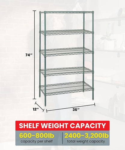 Quantum Storage Systems WR74-1236P-5 Starter Kit Wire Shelves Green Epoxy 5 Shelves 74" H x 36" W x 12" D