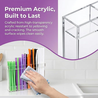 9.6” Large Clear Acrylic Straw Holder, Cabinet Door Straw Organizer with Strong Adhesive Mount, Reusable Tumbler Straw Storage