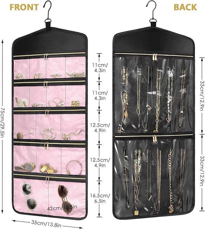 CHICECO Travel Jewelry Holder Organizer,Hanging Jewelry Organizer Storage with Zippered Pockets for Cloest,Jewelry Holder for Earrings, Necklaces (Pink Black)