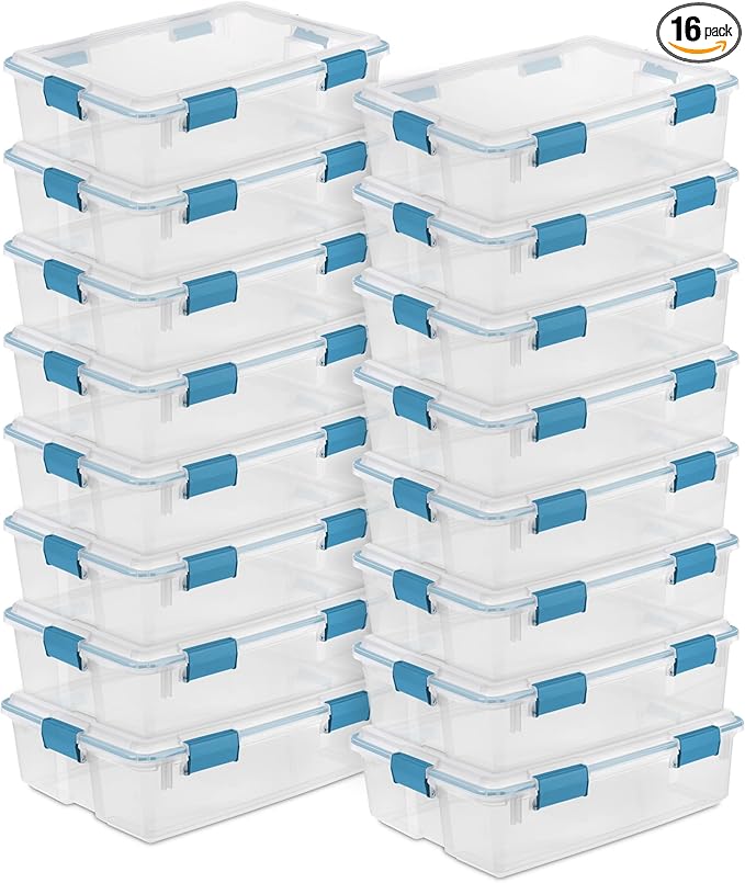 Sterilite 16-Pack Gasket Box, Weather-Resistant Storage Bins with Latching Lids, 37 Quart - Heavy-Duty Organizing Containers for Closet, Bathroom, and Office