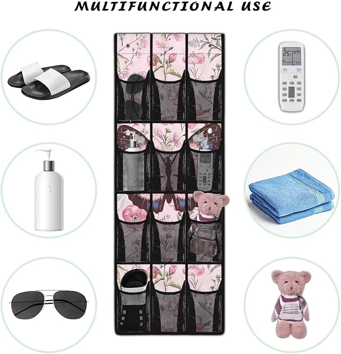12-Pocket Foldable Door Hanging Organizer, Oxford Cloth Waterproof and Ideal for Bathroom Closet or Kitchen Storage Needs, Pink Black Butterfly and Flowers