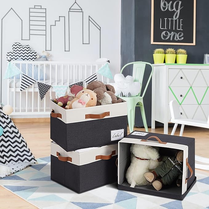 Extra Large Storage Bins with Lids, Foldable Fabric Storage Baskets with Lids, Sturdy Storage Boxes with Labels and 3 PU Handles for Closet Home Bedroom Office (32L, 3 Packs, Black&White)