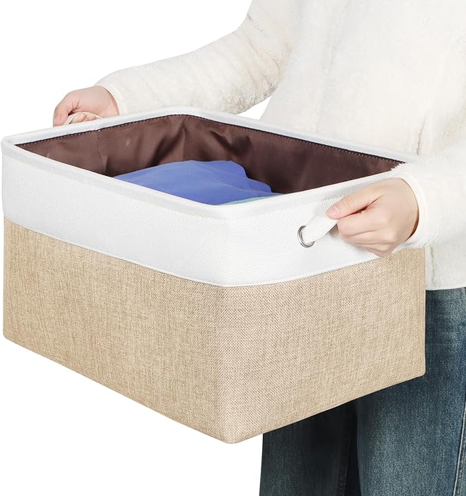 Foldable Storage Bin Collapsible Fabric Storage Basket Cube with Durable Handles Closet Organizer Bins for Organizing Shelves Drawers, Set of 3, 17" x 11.8" x 9.8", Beige