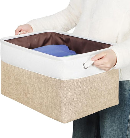 Foldable Storage Bin Collapsible Fabric Storage Basket Cube with Durable Handles Closet Organizer Bins for Organizing Shelves Drawers, Set of 3, 17" x 11.8" x 9.8", Beige