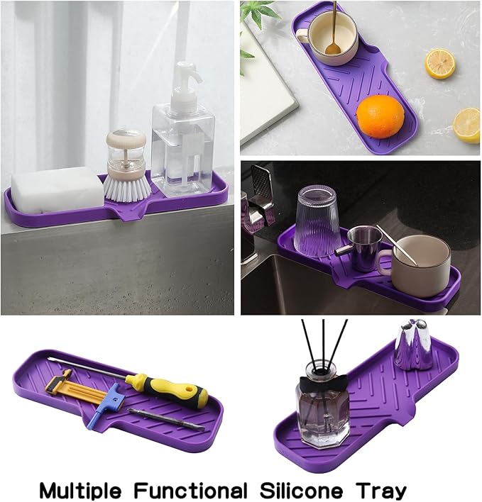 MicoYang Silicone Bathroom Soap Dishes with Drain Spout-Bathroom and Kitchen Sink Organizer,Sponge Holder,Dish Soap Tray,Perfect for Dispenser,Scrubber,Bottle,Cup on Sink or Counter-Purple 12"×4"