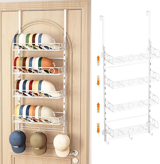 Over Door Hat Organizer 5 Tier Wall Mounted Hat Rack with 4 Adjustable Metal Basket and 3 Hooks Hat Organizer for Baseball caps Hat Hanger Holder Display for Door Closet Cap Organizer Storage