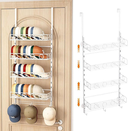 Over Door Hat Organizer 5 Tier Wall Mounted Hat Rack with 4 Adjustable Metal Basket and 3 Hooks Hat Organizer for Baseball caps Hat Hanger Holder Display for Door Closet Cap Organizer Storage