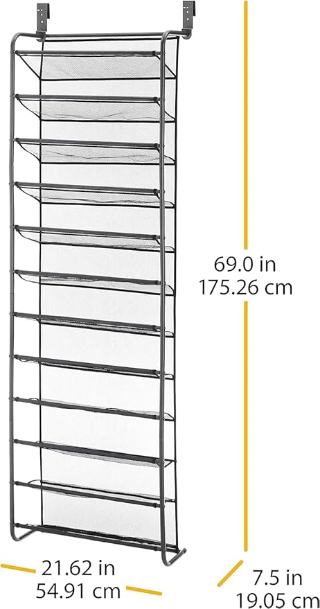 Plexon Over The Door Shoe Rack, 36 Pair, 69" H x 21.6" W x 7.5" L, Metal Gray