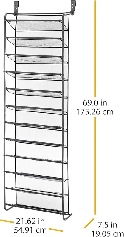 Plexon Over The Door Shoe Rack, 36 Pair, 69" H x 21.6" W x 7.5" L, Metal Gray