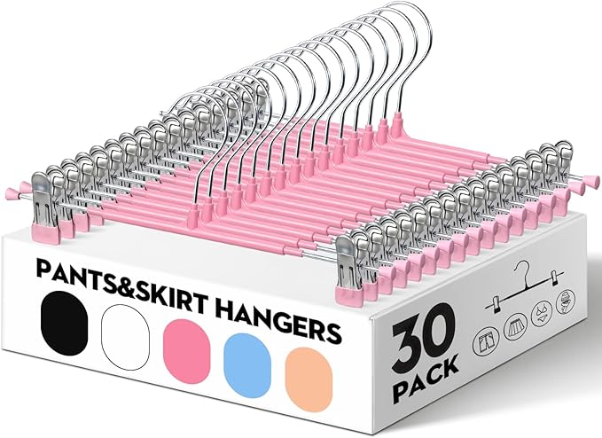 HUADYMEET 30 Pack 14Inch Pants Hangers with Clips,Metal Trouser Hanger for Jeans.Space Saving Skirt Hangers Heavy Duty Non-Slip Adjustable Clothes Shorts Hanger for Women,Men,Pink