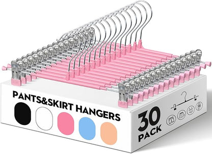 HUADYMEET 30 Pack 14Inch Pants Hangers with Clips,Metal Trouser Hanger for Jeans.Space Saving Skirt Hangers Heavy Duty Non-Slip Adjustable Clothes Shorts Hanger for Women,Men,Pink