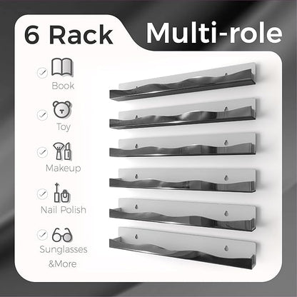 Wall-Mounted Nail Polish Organizer Rack - 15-Inch Black Mirror Finish Nail Polish Shelf, Makeup & Beauty Essentials Storage - Multi-Purpose Display Holder for Small Space, Vanity Bathroom, 6 Pack