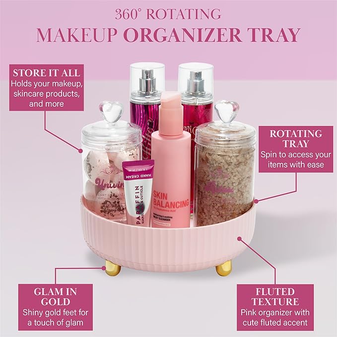 Paris Hilton 360° Rotating Makeup Organizer Tray, Large Capacity for Skincare & Beauty Essentials, Fluted Design with Gold Accents, 8.75-Inch, Pink