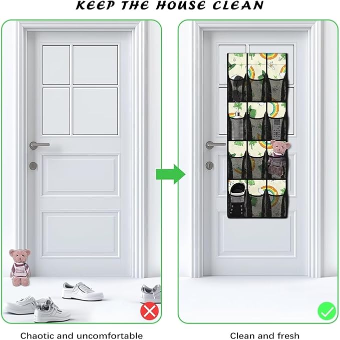 Over the Door Shoe Organizer 12 Large Pockets Hanging Shoe Rack for Closet Organizers and Storage Sturdy Oxford Fabric Shoe Hanger Rainbow Green Hat