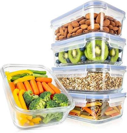 NutriChef 10-Piece Glass Food Containers - Stackable Superior Glass Meal-prep Storage Containers, Newly Innovated Leakproof Locking Lids w/Air Hole, Freezer-to-Oven-Safe (Blue)
