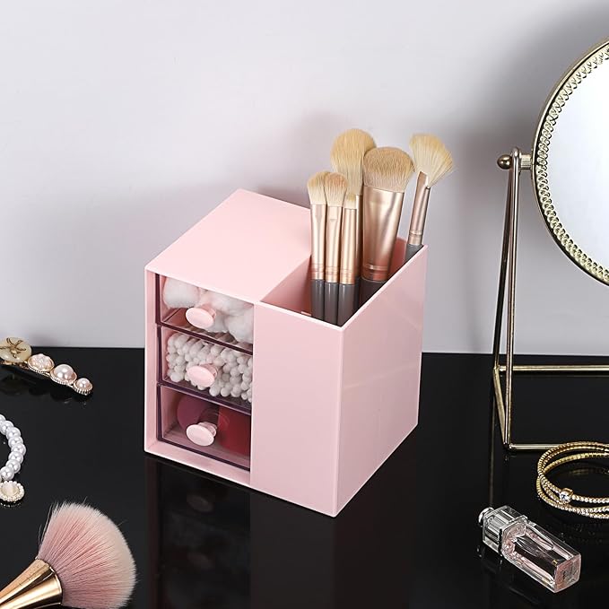 Plastic Hair Accessories Organizer with Comb Holder Makeup Container Jewelry Storage Box for Vanity Bathroom Countertop, Pink