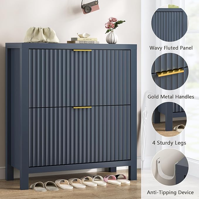 YOMILUVE Shoe Cabinet Storage for Entryway, Fluted Shoe Cabinet with 2 Flip Drawers, Hidden Shoe Rack Tall Freestanding Shoe Organizer with Legs for Hallway, Blue