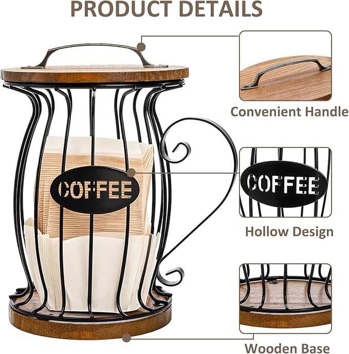 WRINGKIT Rustic Coffee Pod Holder with Lid, K Cup Pods Holder for Counter, Large Capacity Black Wire Coffee Pod Filter Storage Basket for Espresso Capsule, Wooden Base