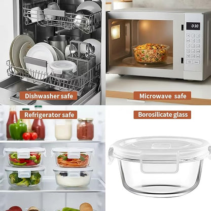 12oz Round Glass Food Containers With Lids, Small Round Glass Meal Prep Containers set,1.5 Cup Small Clear Food Storage Bowls BPA-Free, Microwave, Dishwasher, Freezer Safe（White）