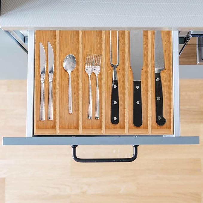 PRATIQUE Bamboo Drawer Organizer,Kitchen Utensil Organizer Silverware Tray,Cutlery Holder, Wood Storage Box for Flatware, Makeup, Bathroom, Office Desk (Bamboo, 15 * 3 * 2.6)
