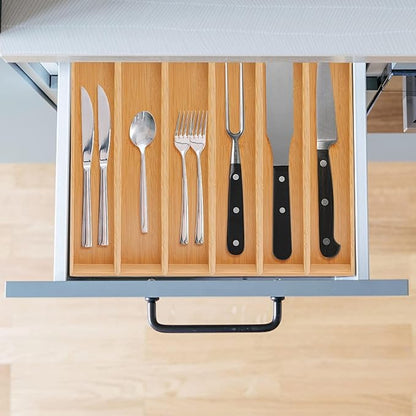 PRATIQUE Bamboo Drawer Organizer,Kitchen Utensil Organizer Silverware Tray,Cutlery Holder, Wood Storage Box for Flatware, Makeup, Bathroom, Office Desk (Bamboo, 15 * 3 * 2.6)