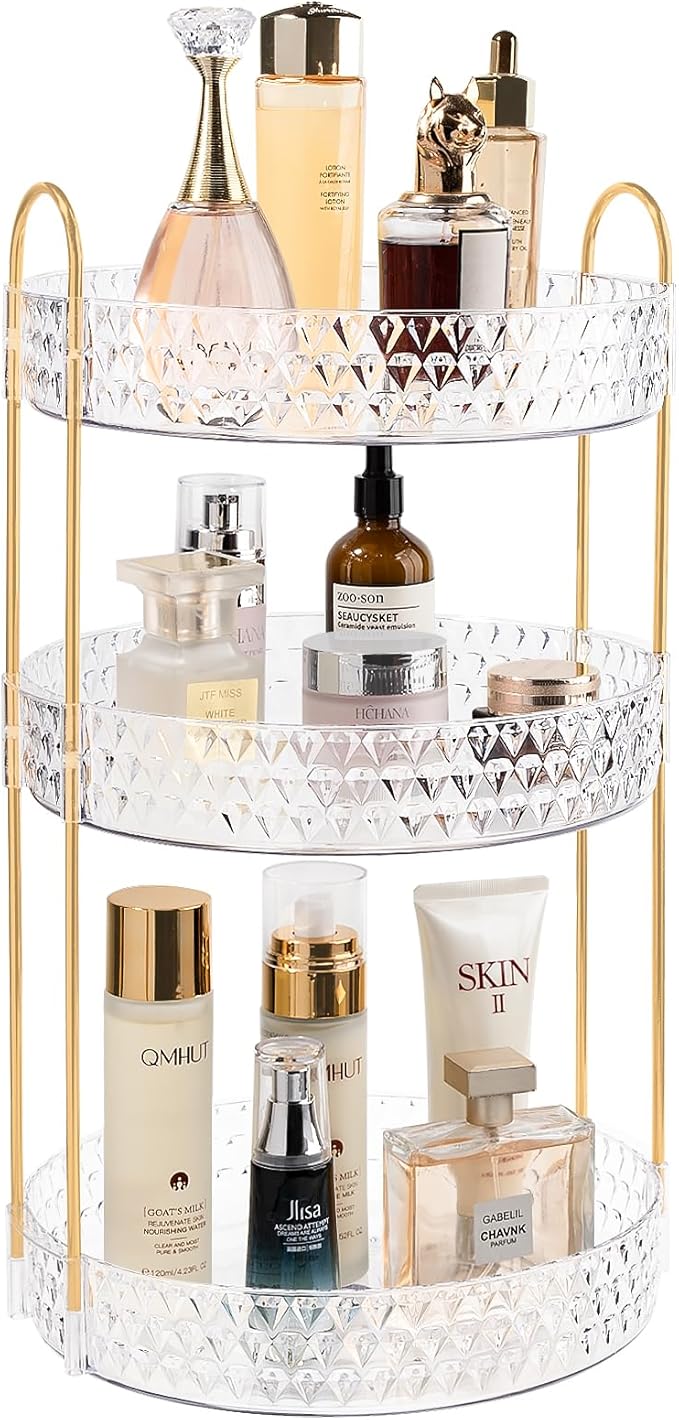 Rotating Makeup Organizer for Vanity, 3 Tier Perfume Skincare Storage for Women, Bathroom Counter Organizer, 360° Spinning Cosmetic Holder for Dresser Countertop, Clear