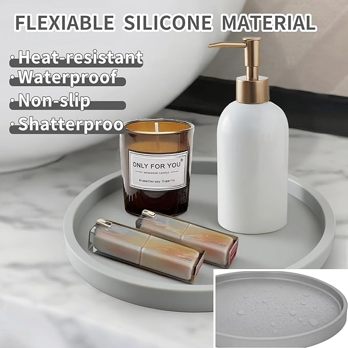 Silicone Bathroom Tray, 9" Round Grey Vanity Organizer – Decorative Countertop Tray for Soap, Candle, Perfume, Kitchen & Coffee Table