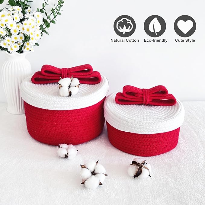 Small Storage Baskets with Lids, Round Woven Rope Basket with Lid, Cute Storage Box for Small Toy, Gift or Home Decor, Decorative Basket with Cute Bow Handle, Red