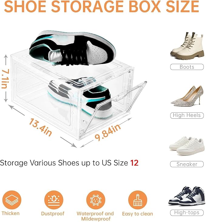 INSTY 12 Pack Large Shoe Storage Box, Clear Shoe Storage Organizer with Magnetic Door, Stackable,Shoe Containers For Display Sneakers, Easy Assembly, Fit up to US Size 12, Clear