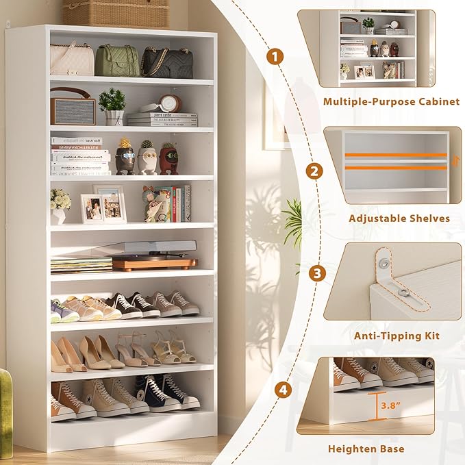 Homieasy Tall Shoe Cabinet, 9-Tier Wood Shoe Rack Organizer Cabinet for Closet, Freestanding Shoe Storage Cabinet with Adjustable Shelves for Entryway, Bedroom, White