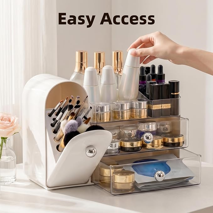 Makeup Organizer with Dustproof Brush Holder, Large Capacity Skincare & Cosmetic Storage for Vanity, 3-Tier Bathroom Countertop Organizer with Drawers for Perfume, Lipstick, Mask, Ideal Gift (White)