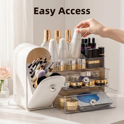 Makeup Organizer with Dustproof Brush Holder, Large Capacity Skincare & Cosmetic Storage for Vanity, 3-Tier Bathroom Countertop Organizer with Drawers for Perfume, Lipstick, Mask, Ideal Gift (White)