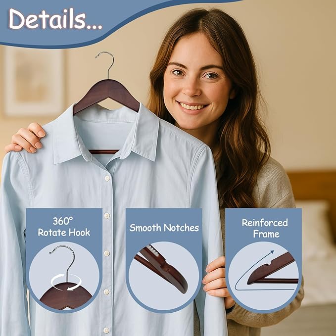 King Mills 19 Inch Plus Size Hangers, Extra Wide Hangers for Plus Size Clothes, Ganchos para Colgar Ropa, Ideal for XL, XXL Shirts, Coats, Dresses, Etc. Wood. Walnut 10pk
