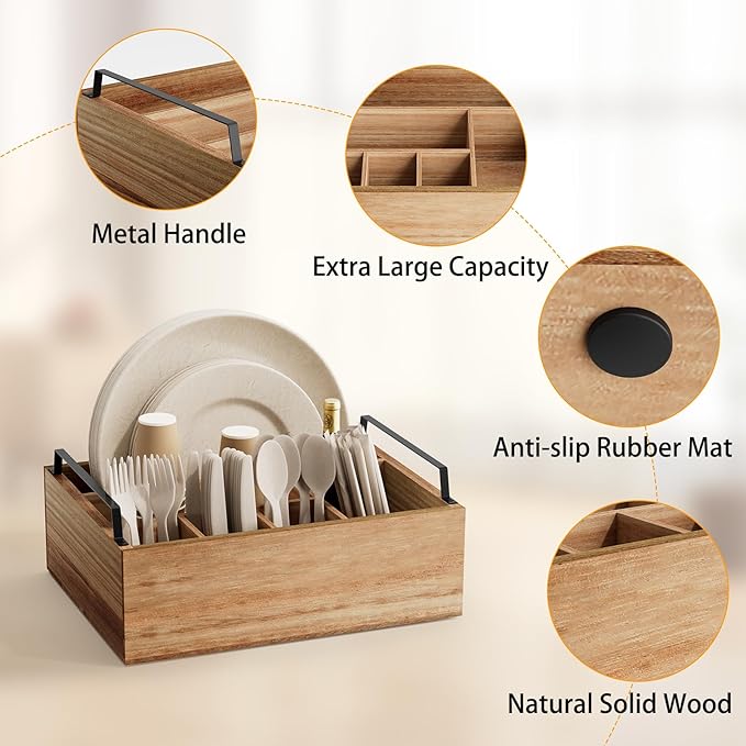 Paper Plate Holder Utensil Caddy Organizer, Wooden Utensil Holder Organizer for Party, Paper Plate Organizer or Cups, Forks, Spoons, Napkins and Silverware Holders