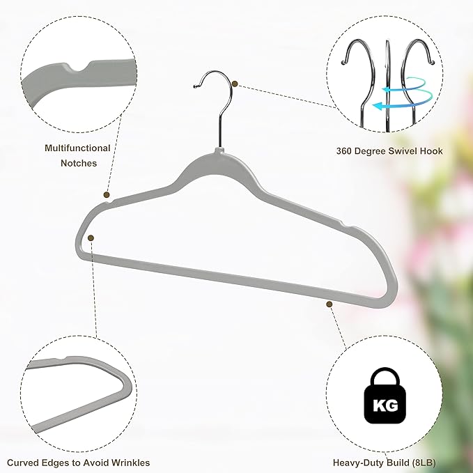 Quality Hangers 50 Pack Plastic Hangers for Clothes - Slim Non-Velvet Hangers with 360° Swivel Chrome Hook & Non Slip Notches - Ideal for Dresses Coats Shirts Jackets & More - Gray (Gray, 50 Pack)