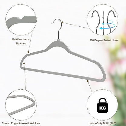 Quality Hangers 20 Pack Plastic Hangers for Clothes - Slim Non-Velvet Hangers with 360° Swivel Chrome Hook & Non Slip Notches - Ideal for Dresses Coats Shirts Jackets & More - Gray