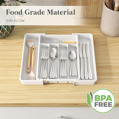 Lifewit Silverware Drawer Organizer, Expandable Utensil Tray for Kitchen, BPA Free Flatware and Cutlery Holder, Adjustable Plastic Storage for Spoons Forks Knives, 8.5-14 x 12", White
