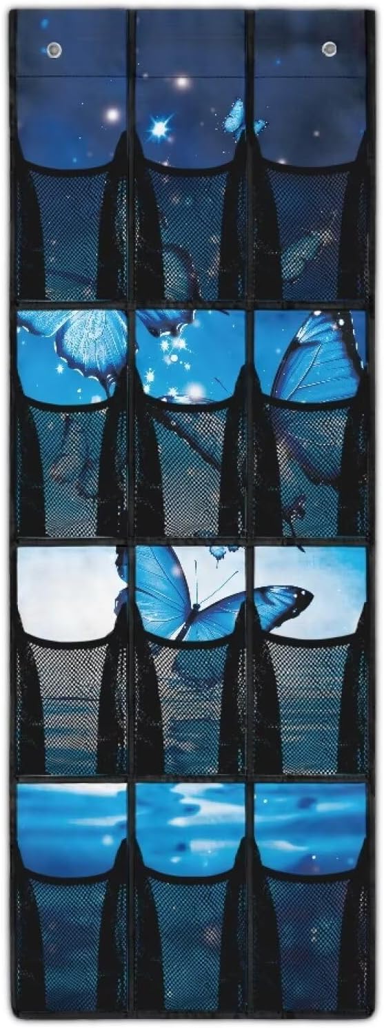 Blue Butterfly Hanging Storage Shoe Organizer for Closet 12 Mesh Pockets Over The Door Wall Closet Holder for for Boots & Sneakers Toys