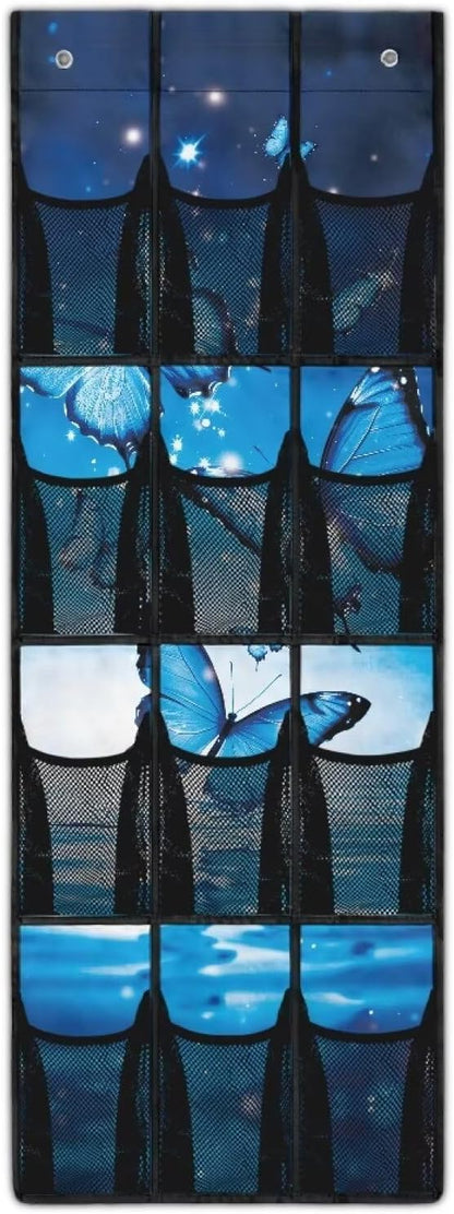 Blue Butterfly Hanging Storage Shoe Organizer for Closet 12 Mesh Pockets Over The Door Wall Closet Holder for for Boots & Sneakers Toys