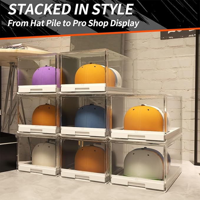 2 Pack Hat Organizer for Baseball Caps, Clear Hats Holder Box with Drawer for Closet, Large Cap Storage with Sliding Tray, Stackable Rack Display Case with Magnetic Door, Each Holds 12 Hats
