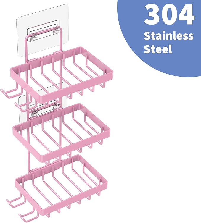Moforoco 3 Tier Pink Soap Dish Holder for Shower Wall, No Drilling, 304 Stainless Steel, Soap Bar with 4 Hooks and Razor Holder for Shower, Shampoo Bar Holder for Girly Bathroom Accessory Decor